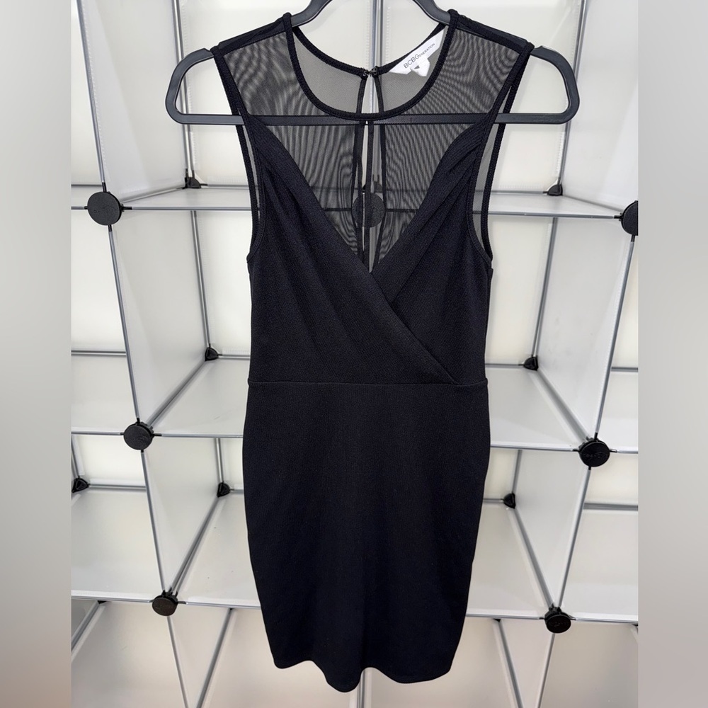 BCBGeneration Women's Faux Wrap Mesh Inset Cocktail Dress Black XS